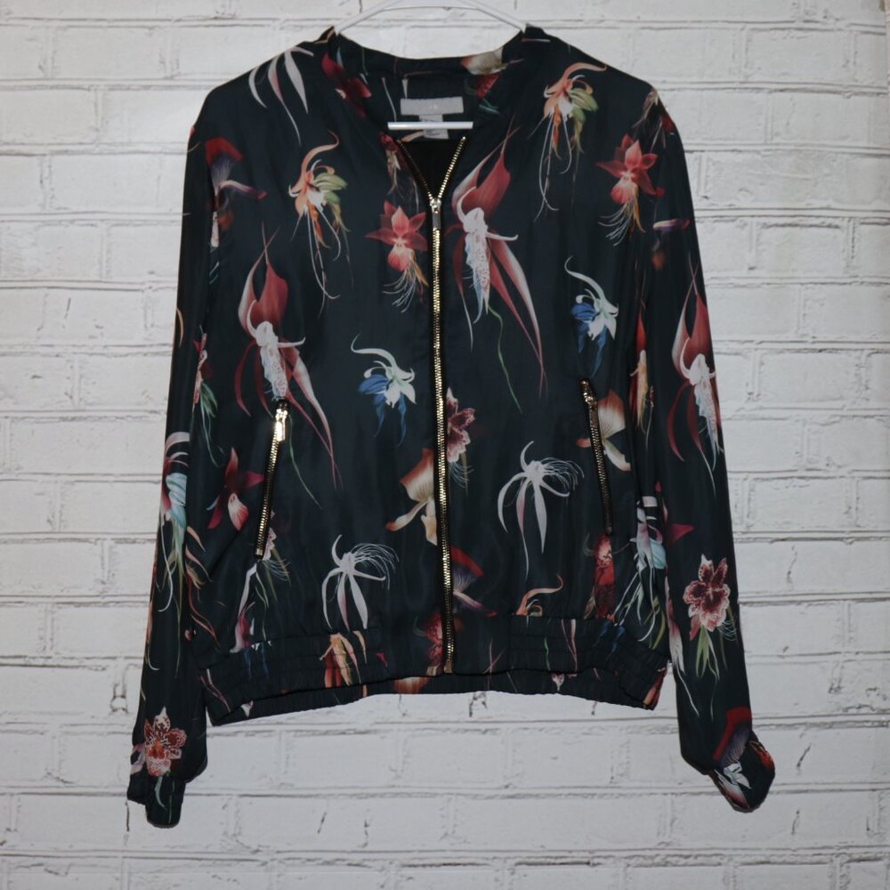 🌿 H&M Floral Bomber Jacket · Size 14 · Dark Green with Multicolor Print